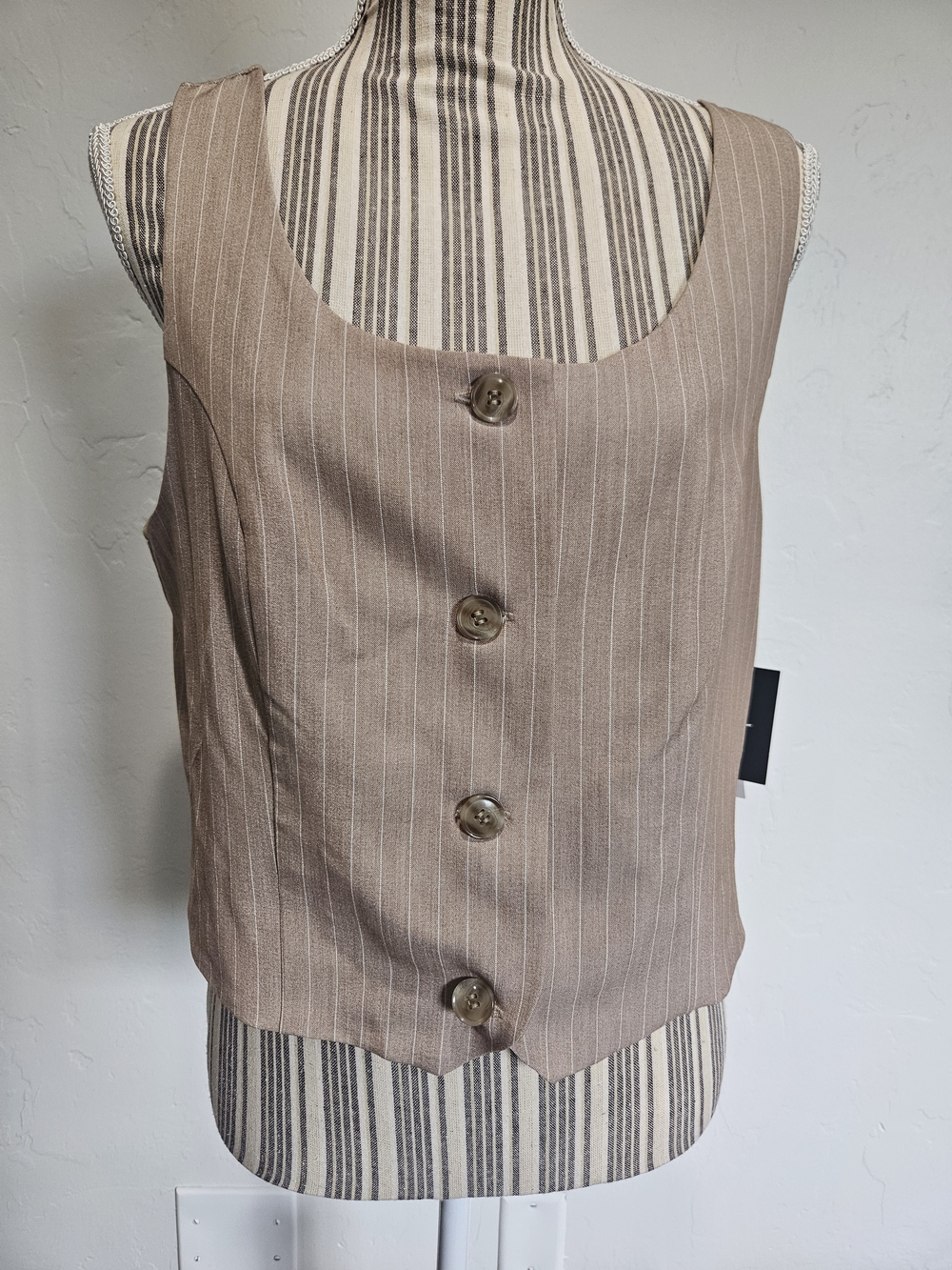 by & by Taupe Pinstripe Button-Front Sleeveless Vest